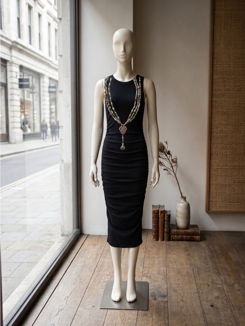 NWOT Black Sleeveless Ruched Midi Dress